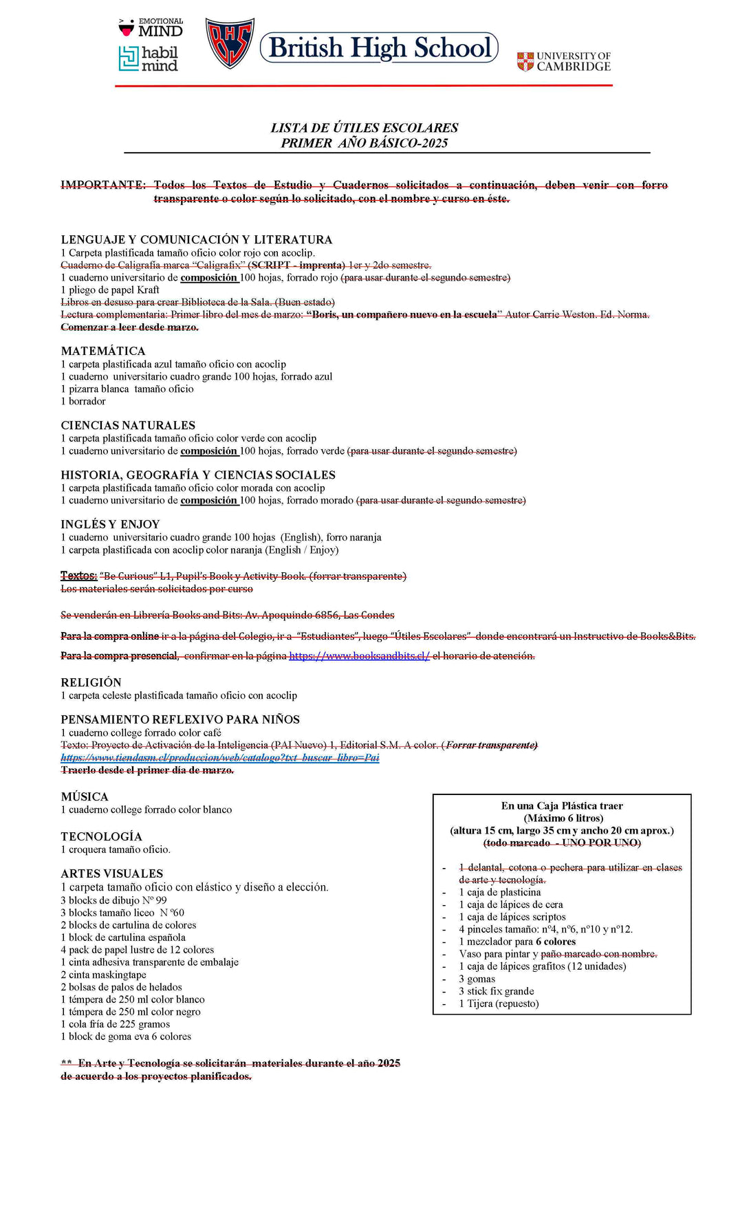 03. Lista Escolar British High School 1º Básico 2025