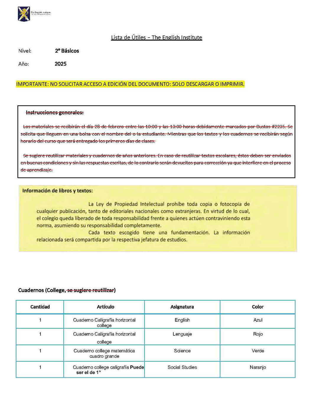 04. Lista Escolar The English Institute - 2º Basico 2025