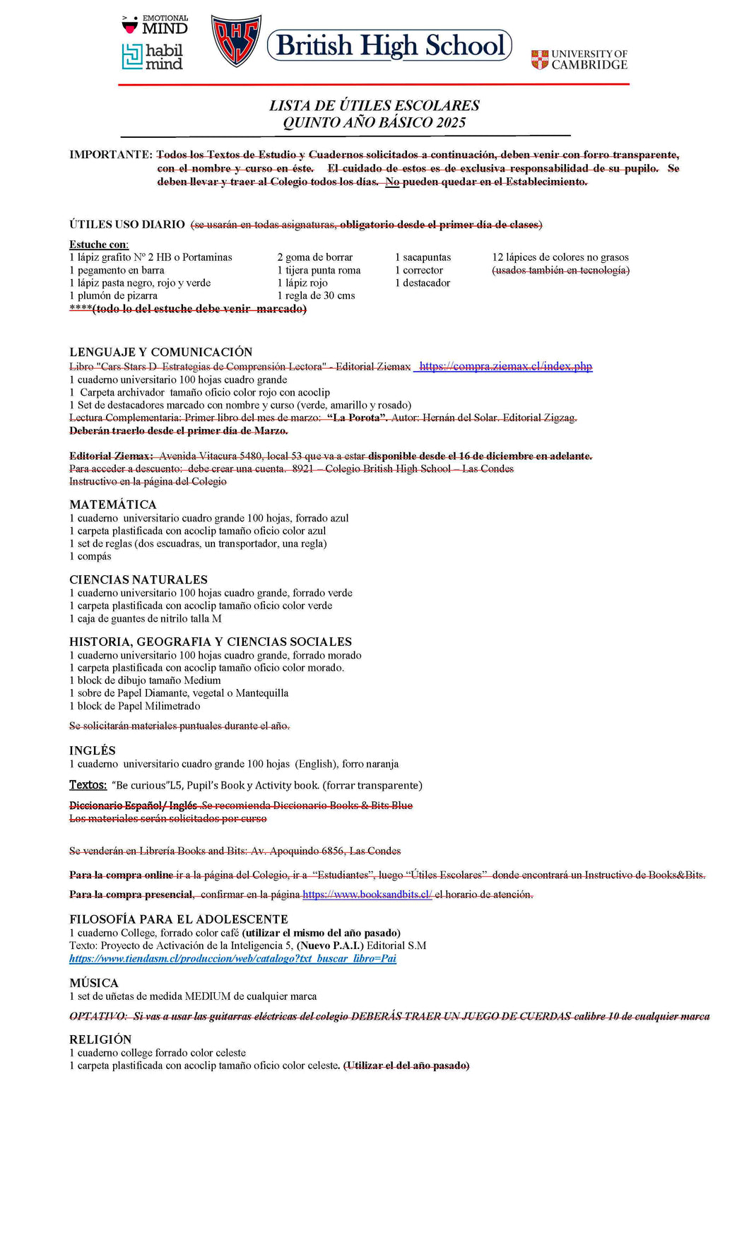 07. Lista Escolar British High School 5º Básico 2025