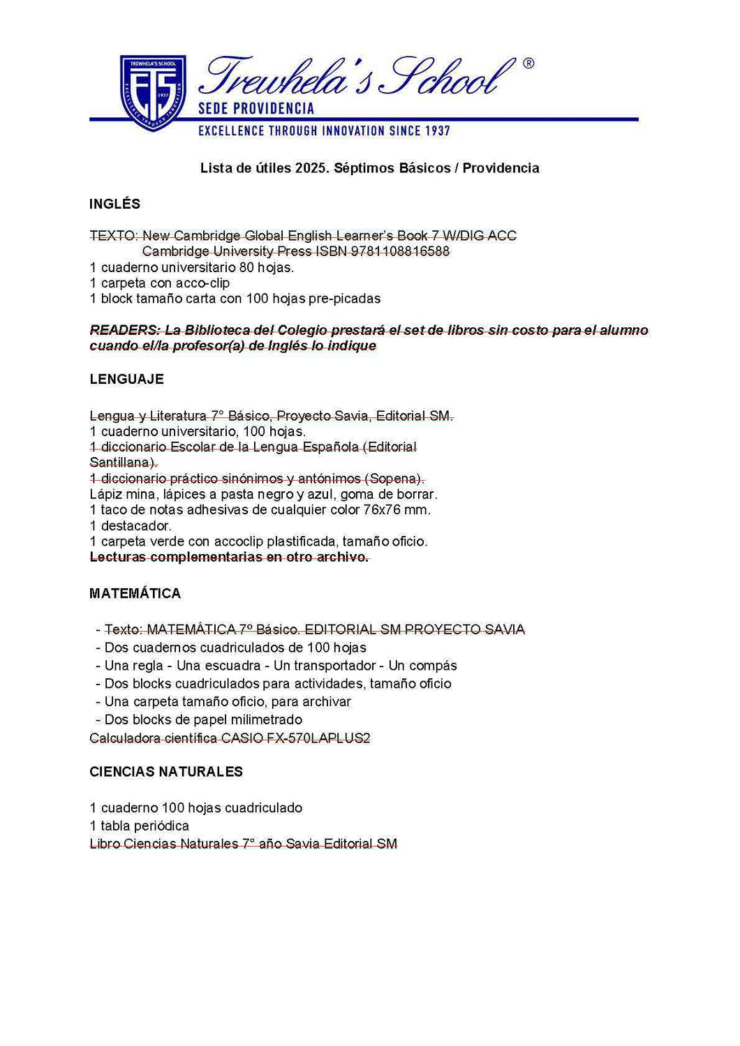 09. Lista Escolar Trewhellas School 7st grade 2025