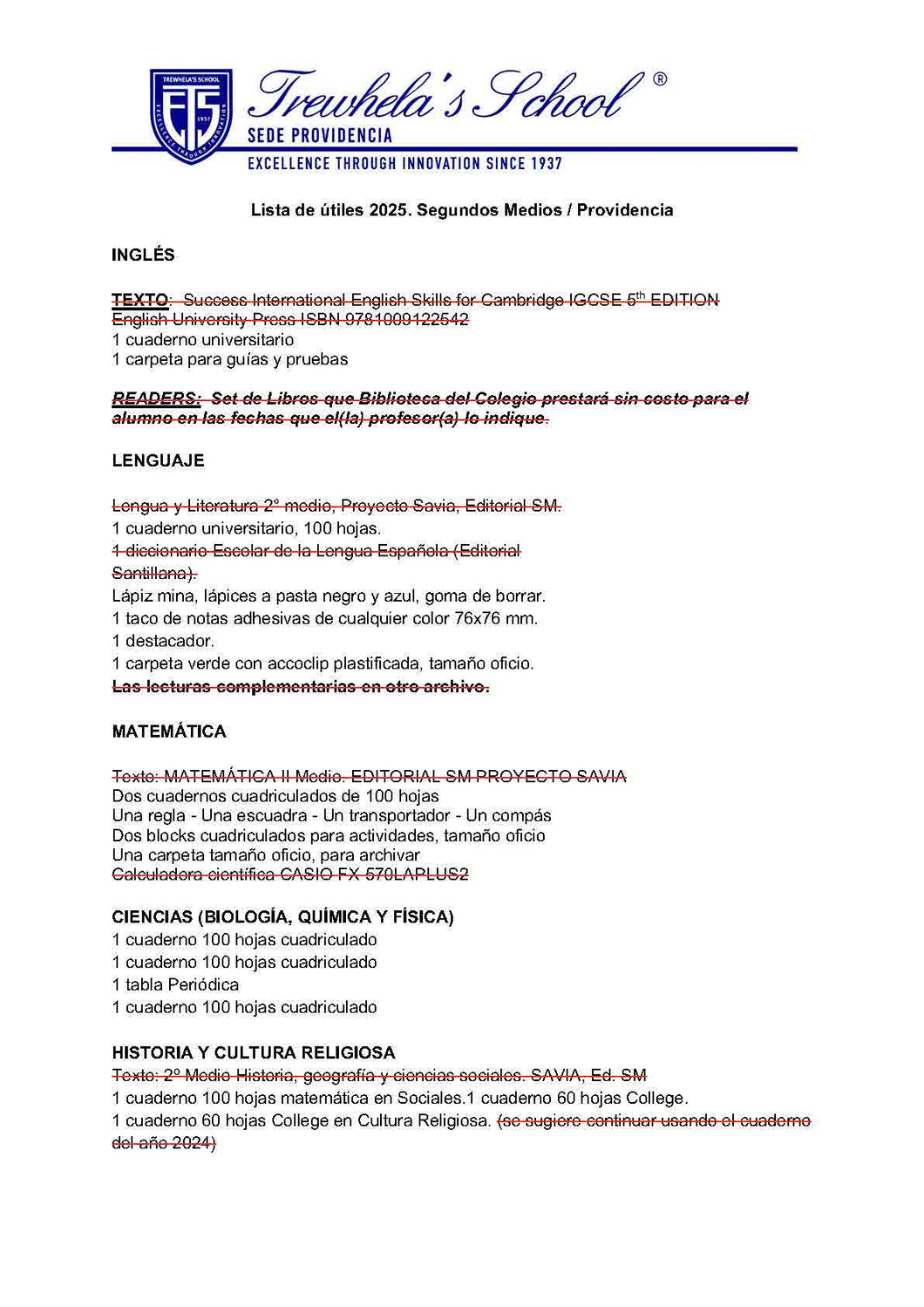 12. Lista Escolar Trewhellas School 2º Medio 2025